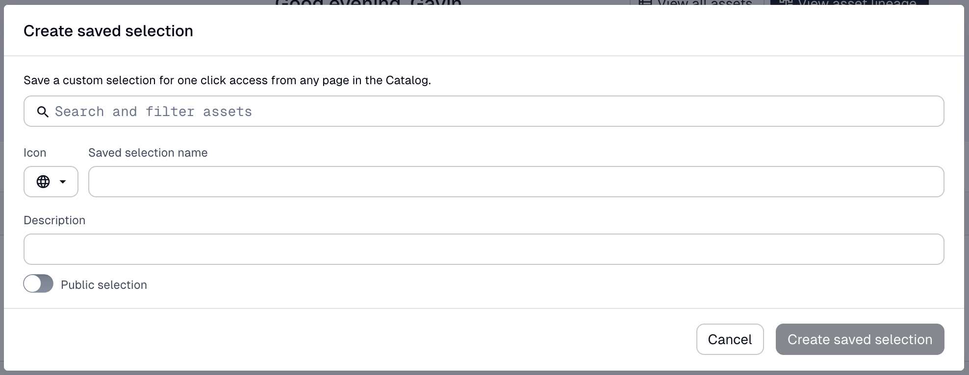 Create saved selection modal